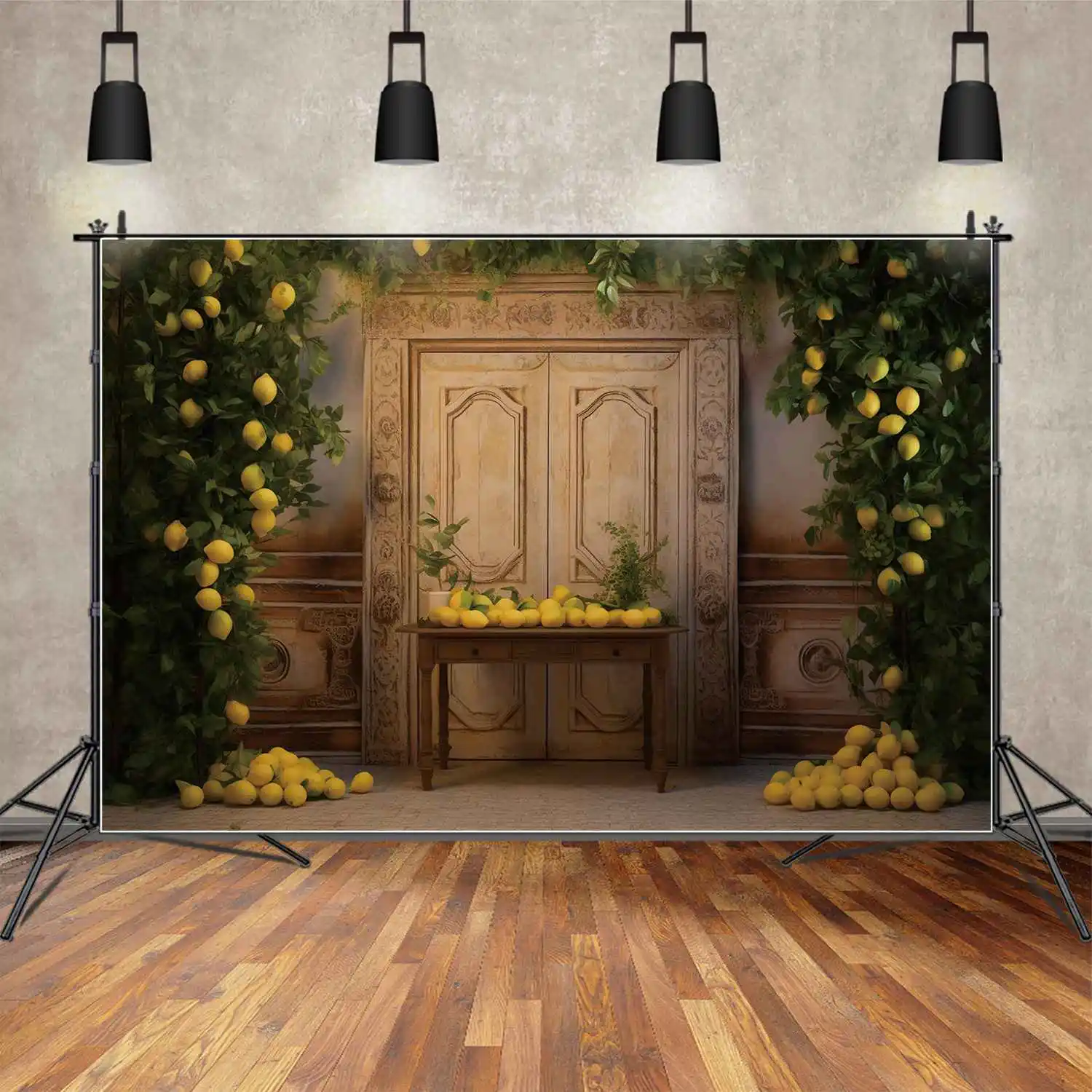 MOON.QG خلفية باب عتيق إطار حفلة ليمون خلفية عيد الشكر خلفية مخصصة لحصاد الخريف جدار الخشب الطوب الطابق صور بوث