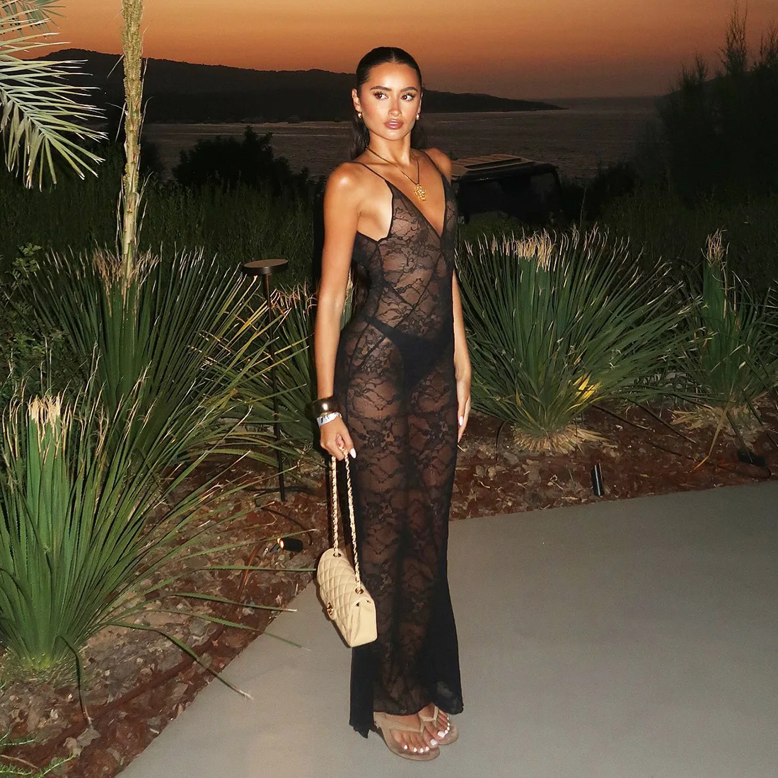 Black Lace See Through Dress for Women Sexy Sheer Backless Slim Maxi Beach Dresses Spaghetti Strap Night Club Party Dress 2025