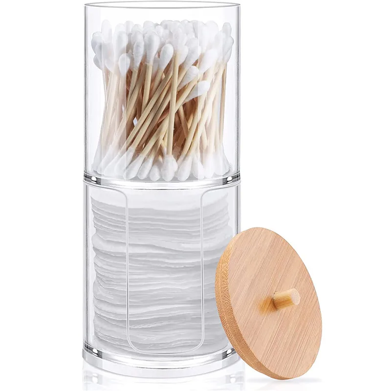 Transparent Bamboo Makeup Cotton Swabs Box Organizer Cosmetics Cotton Pads Holder Acrylic Qtip Container Bathroom Organizer