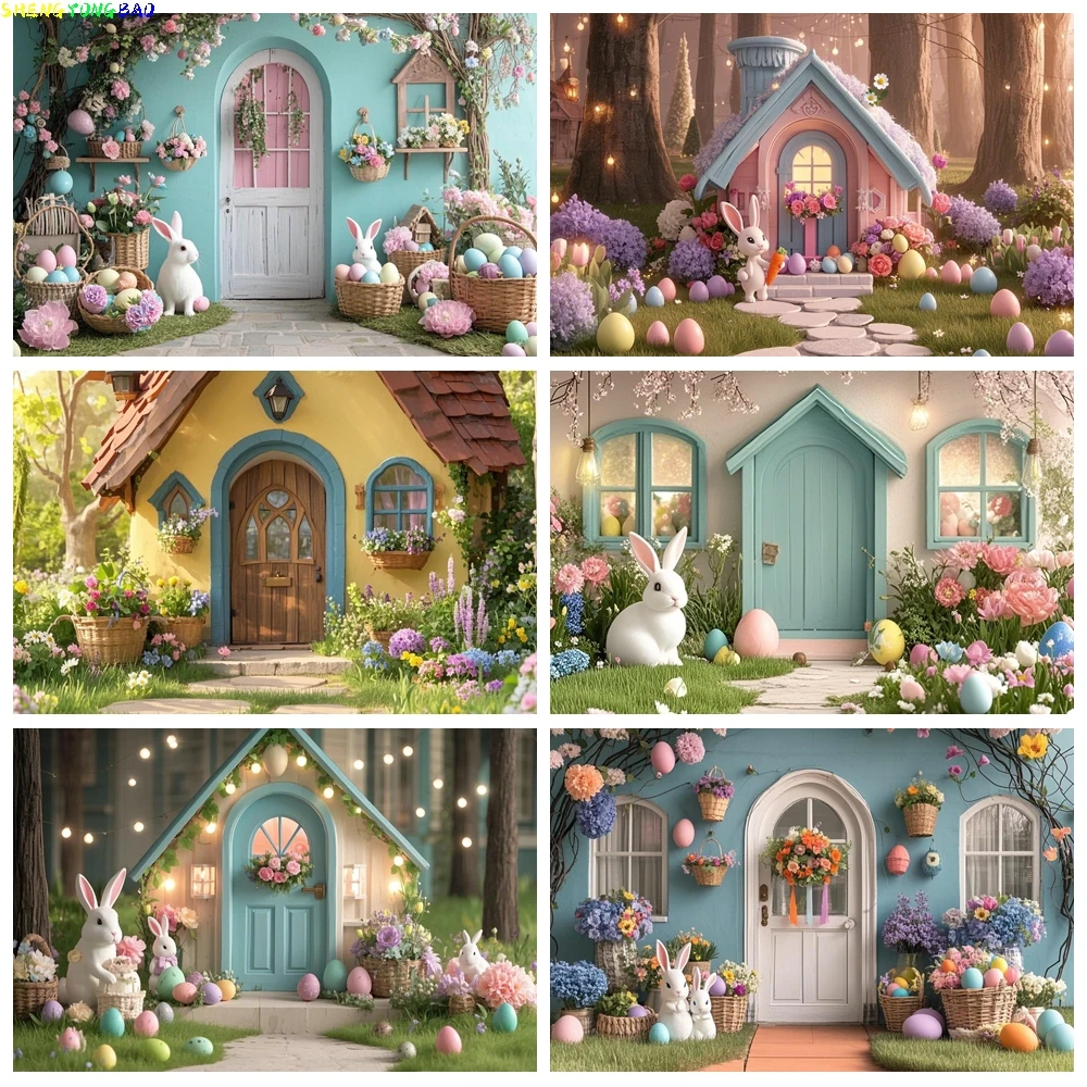 

Eggs Window Door Spring Garden Happy Easter Day Photography Backdrops Props Rabbits Butterfly Flower Photo Background CS-01