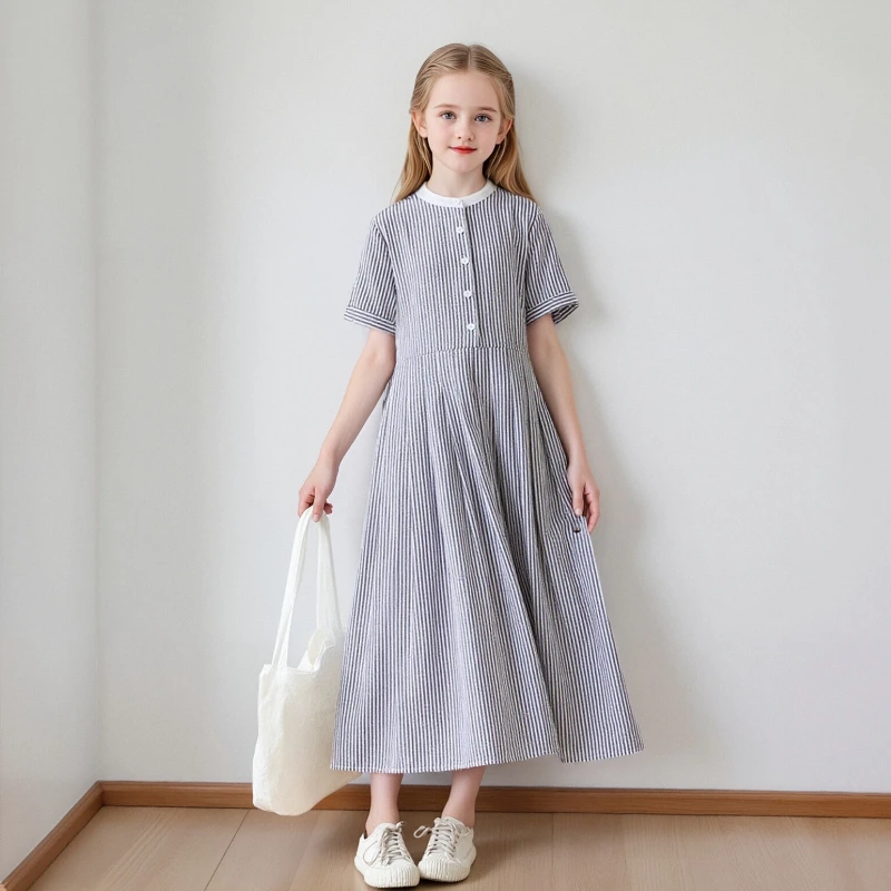

Summer Girls Dress Striped Midi Dress Short Sleeve Button Down Pleated Loose Casual Dresses for Kids Toddler School Party Outfit