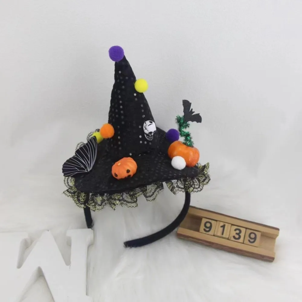 

Cute Lace Halloween Witch Hat Hair Hoop Headband Sequin Halloween Party Hair Band Cartoon Party Decor Hat Cone Hat Headband Lady