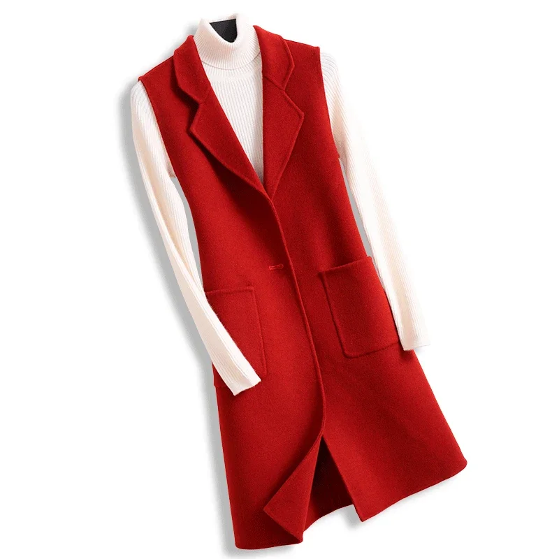 

Autumn Winter New Fashion Long Wool Vest Women Double Faced Wool Waistcoat Big Pocket Solid Color Sleeveless Jacket Coat Female