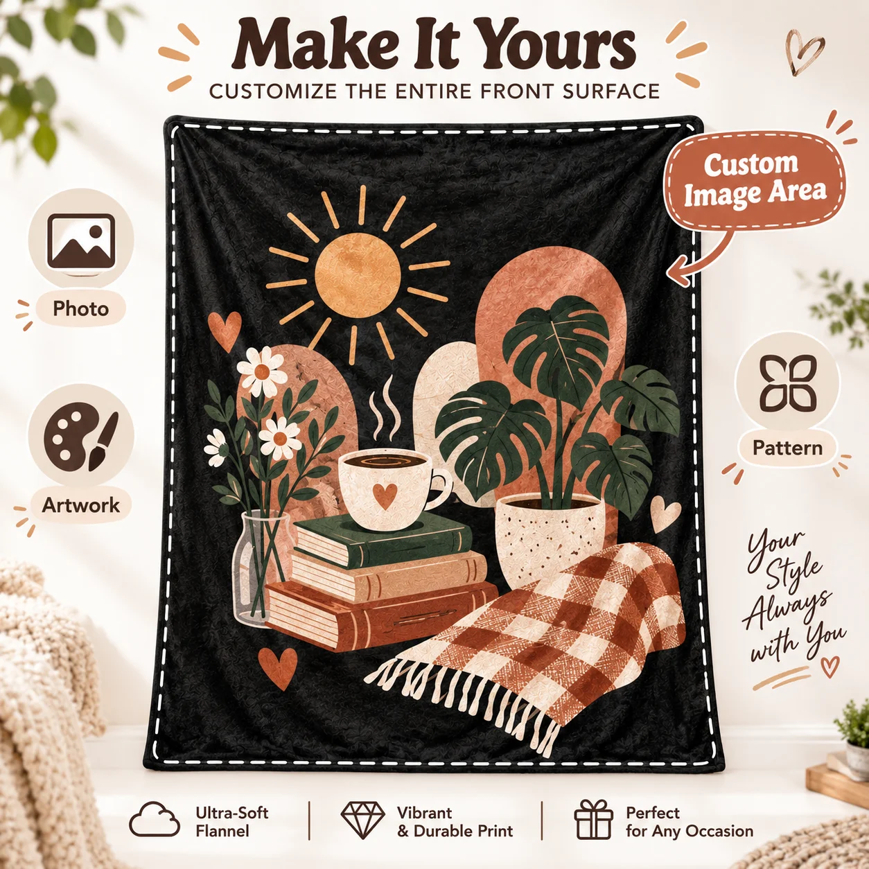 Full Picture Custom Flannel Blanket Personalized Soft Throw for Couch Bed Sofa Living Room Bedroom Home Decor Gift