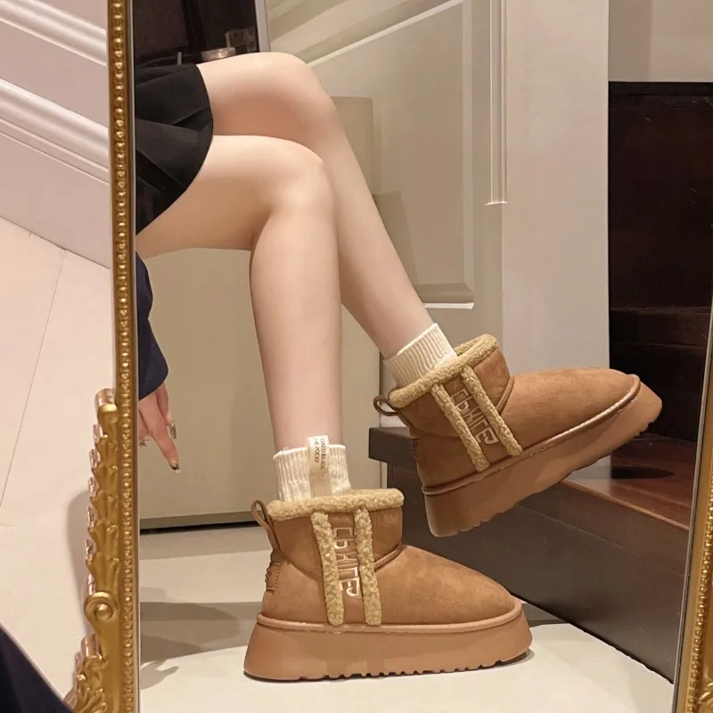 2024 Winter Women Short Plush Warm Snow Boots Casual Shoes New Suede Fur Chelsea Ankle Boots Flats Platform Ladies Shoes Botas