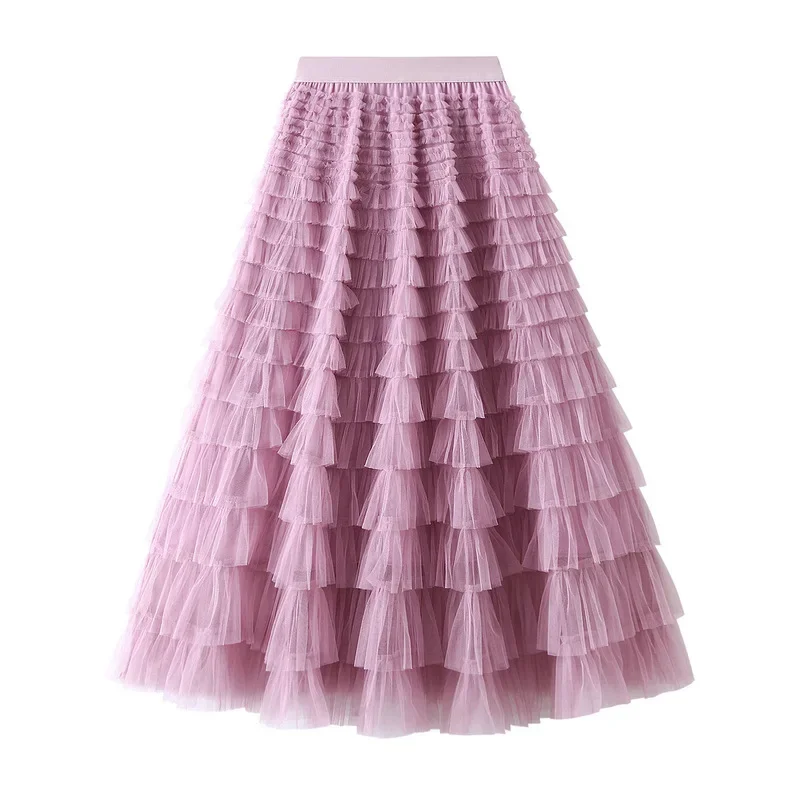 

New Jupe Femme Ete Spring Party Skirt Elastic High Waist Long Tulle Skirt Women Multilayer Ruffles Pink Mesh Tutu Skirt Ladies