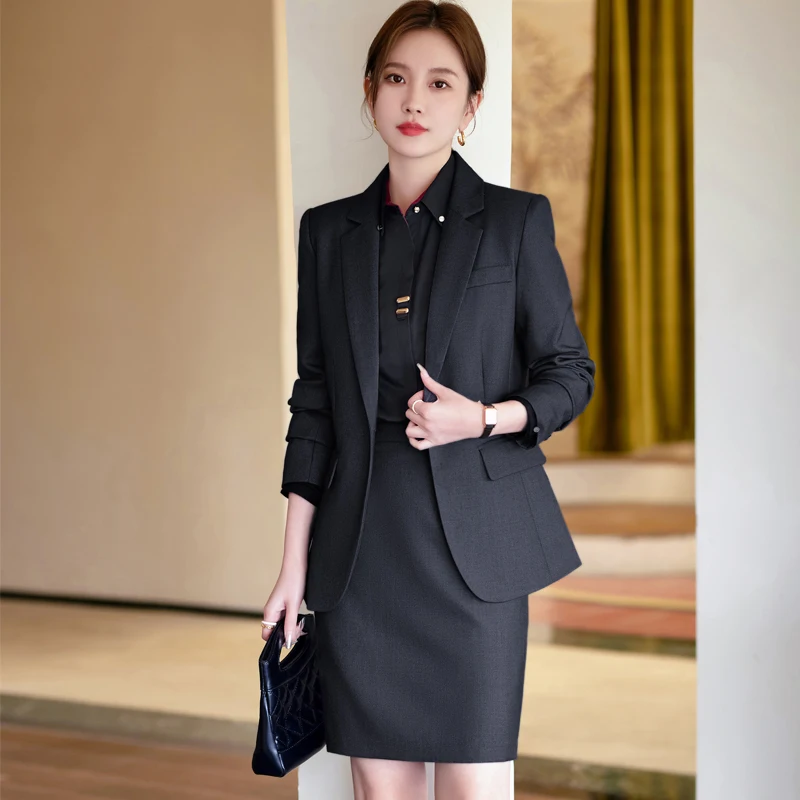 NAVIU Gray Suits Women New Autumn Winter Temperament Professional Formal Slim Blazer And Pants Sets Office Lady Work Wear Black