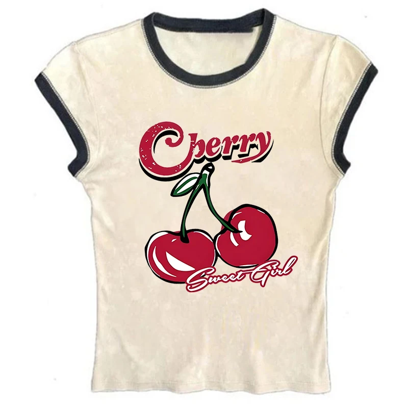 Gothic Harajuku Aesthetics Punk T-Shirts Y2k Creative Cherry Pattern Printing Tee Women Sexy Streetwear 2000s Emo Girls Crop Top