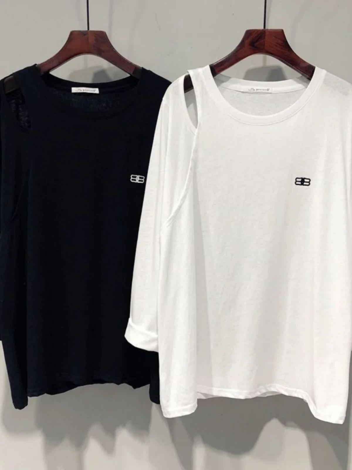 

plus Size 300 Pounds Mid-Length Slimming Long Sleeve T-Shirt Women Loose Shoulder Design Base Shirt Korean Style round Neck