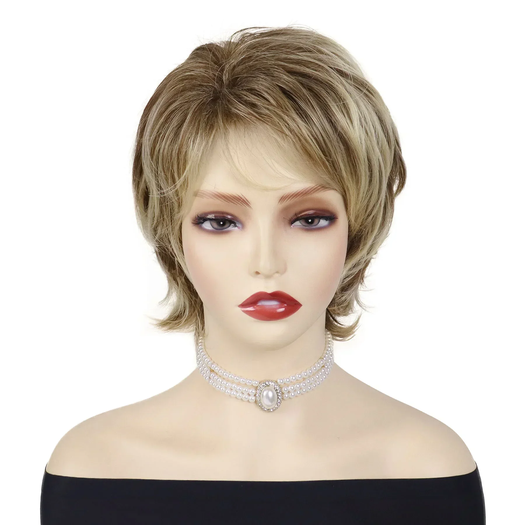 Women's Fashion Short Wigs Natural Synthetic Hair Mixed Blonde Pixie Cut Layered Wig with Bangs Heat Resistant Daily Party Use