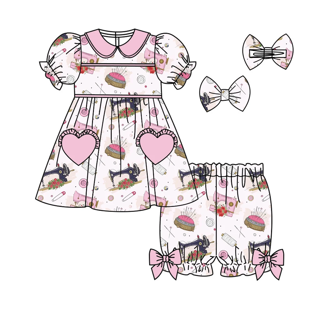New Girls Series Lapel Short Sleeves Elastic Cake Lollipop Print Shorts Elastic Bow Girls Pajamas Set
