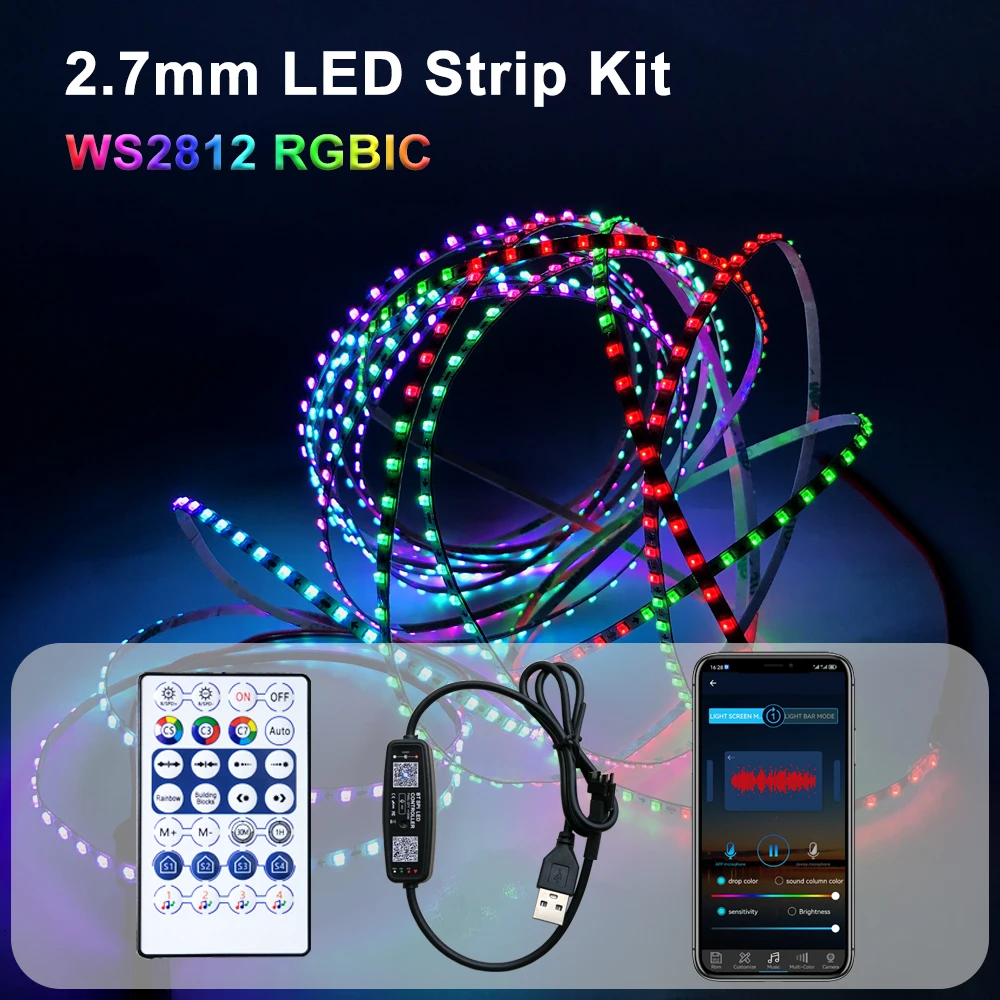 2.7mm Ultra Narrow LED Strip WS2812B Individually Addressable RGBIC Light USB/DC Bluetooth Music 28Keys Remote Controller Kit