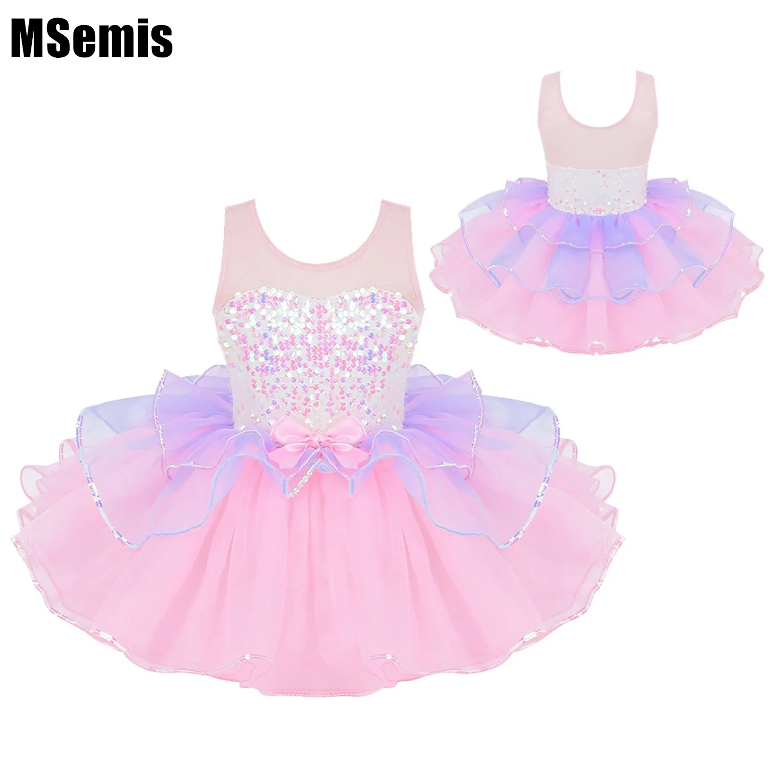 

Kids Girls Shiny Sequins Tutu Dance Dress Mesh Splice Bowknot on Waist Ballet Dance Gymnastics Leotard Dancewear