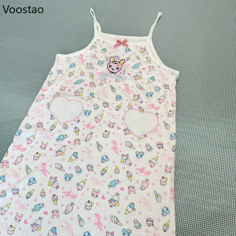 Kawaii Lolita Style Print Strap Pajamas Japanese Girls Sweet Bow Cartoon Embroidery Nightgowns Mini Dress Women Y2k Sleepshirts