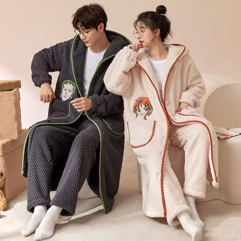 

One Piece Nami cartoon anime bathrobe creative unisex couple autumn and winter coral fleece warm pajamas loungewear robe gift