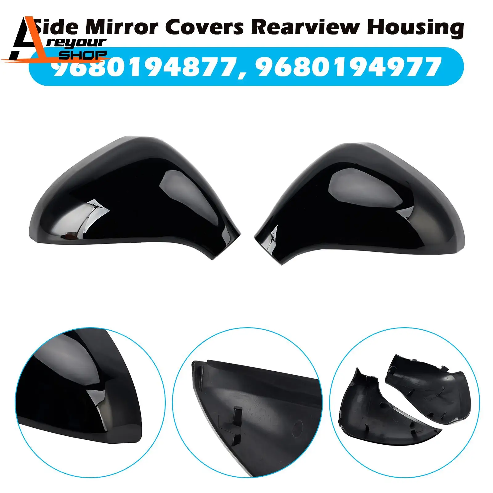 

Side Mirror Covers Rearview Housing Bright Black for Peugeot 207 Hatchback