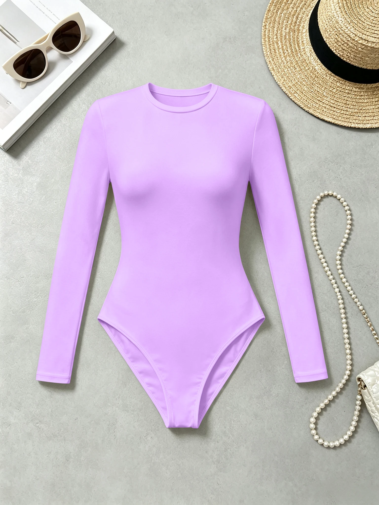 Damen-Bodysuit mit Rundhalsausschnitt und Langen Ärmeln, Schlanke Passform, Hochelastisch, Einfarbiger Casual-Jumpsuit für den Alltag – Detail 16
