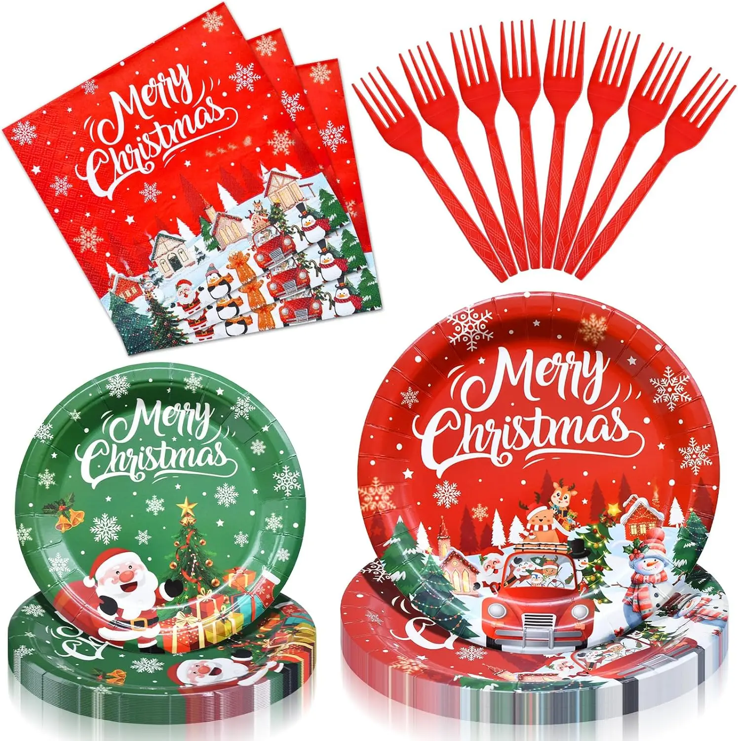 100 piezas de vajilla navideña, suministros para fiestas, juego de vajilla desechable de Feliz Navidad con platos de papel, servilletas,