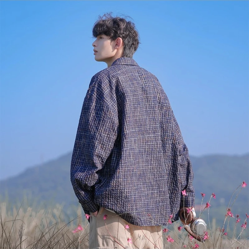 Unisex 2026 Spring Seersucker Check Shirt Jacket, Loose Fit Japanese Style, Turn-Down Collar, Light Blue Pink Navy