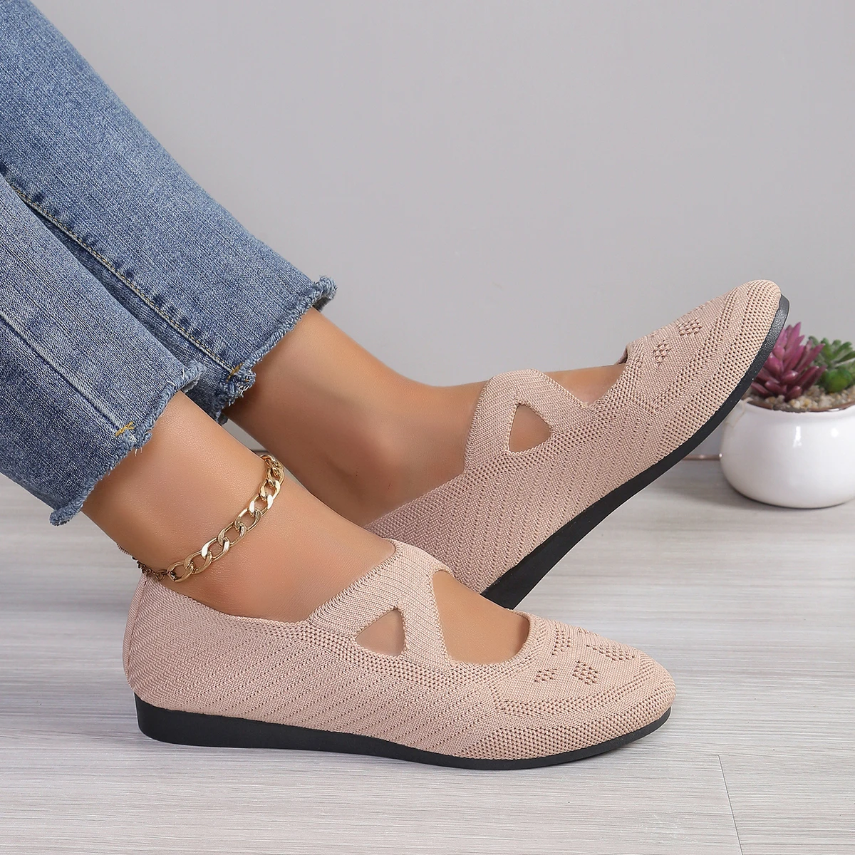 

Women Flats Pointed Toe Solid Color Knitted Slip on Shoes Casual Breathable Ballet Flats Women Shoes Loafers Zapatos De Mujer