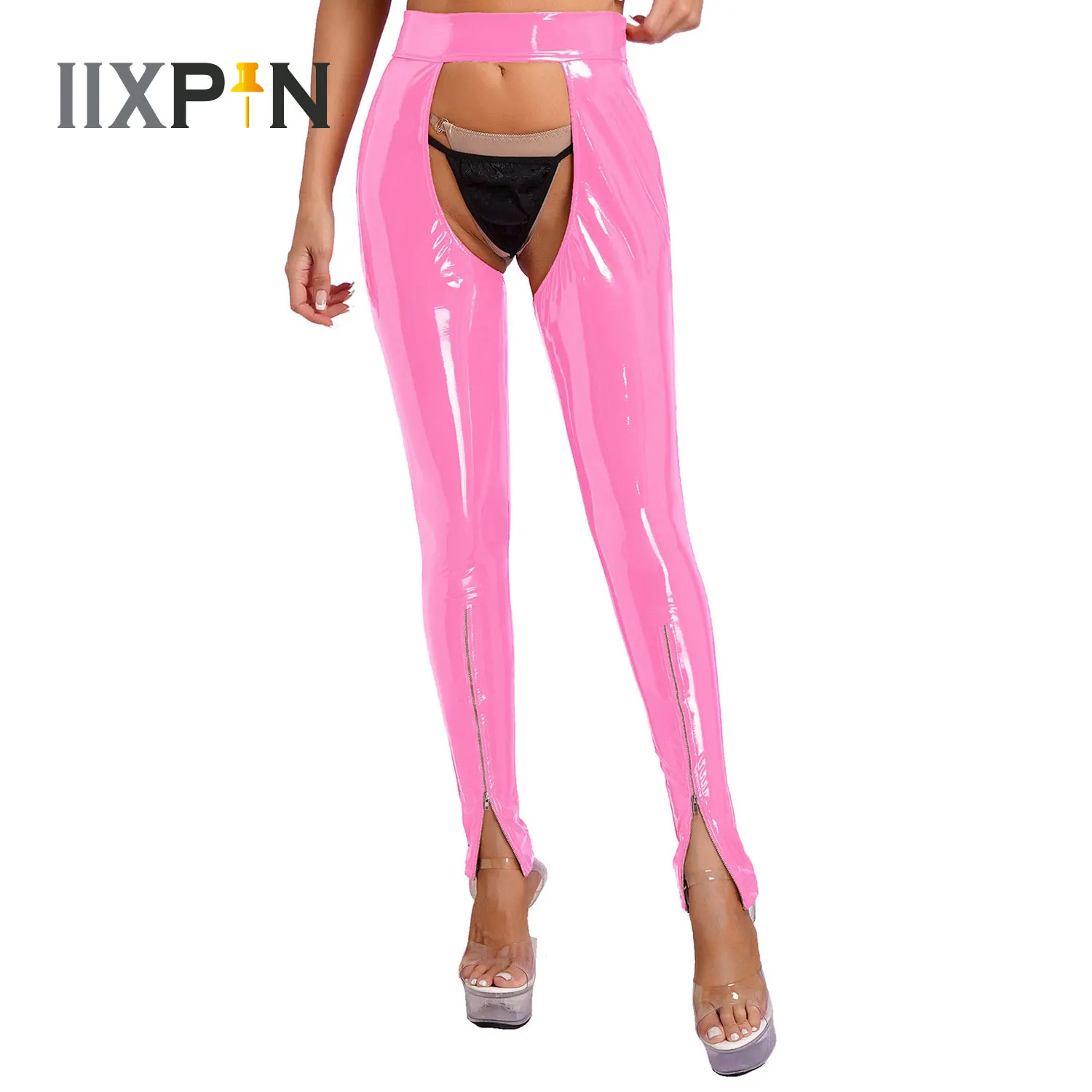 Women Erotic Crotchless Latex Leggings Wet Look Patent Leather Pants Lingerie Open Crotch Backless Skinny Pants Ladies Clubwear