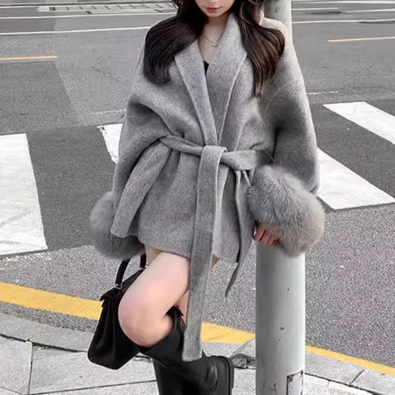 

Gray Lace-up Waist-cinching Woolen Jacket Women's Autumn/winter Long-sleeved Loose Coat Midi Top