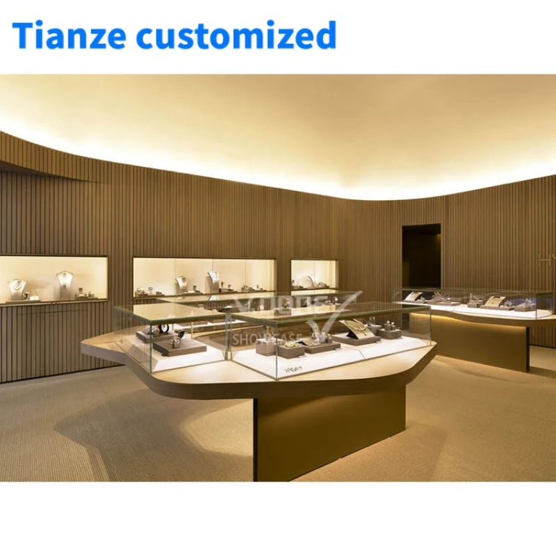 [Customized] high end luxury golden jewelry shop glass display cabinet showcase jewellery shop interior design furniture counter