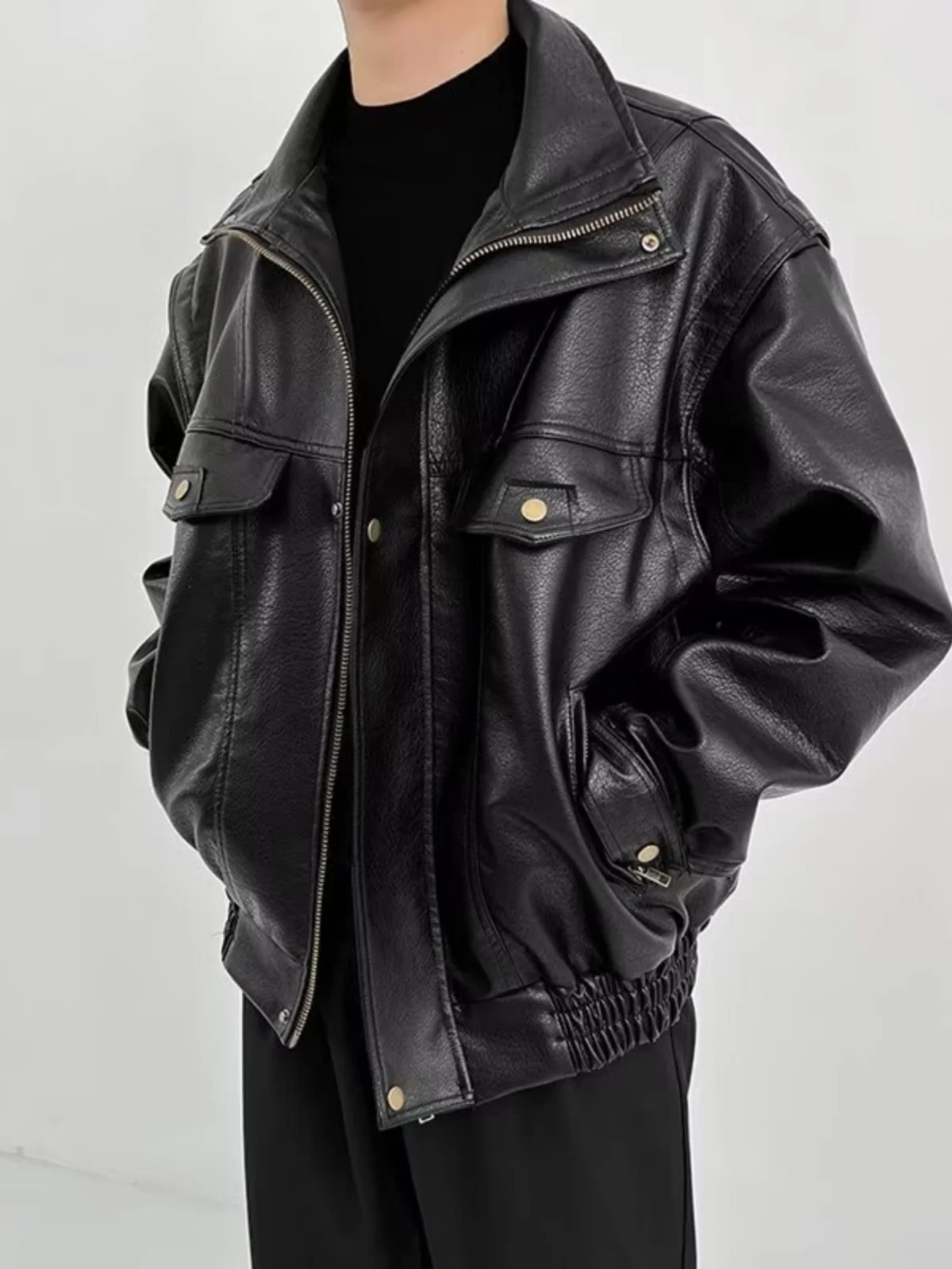 

Винтажная байкерская кожаная куртка, мужская свободная посадка, универсальная рабочая одежда с воротником в стиле ретро, пальто из искусственной кожи, осенний сезон, повседневная одежда