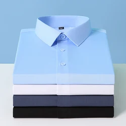 Camisa microelástica antiarrugas de fibra de bambú para hombre, camisa de manga larga, transpirable, cómoda, Formal, de negocios y oficina, azul y blanca