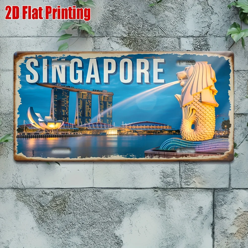 2D Flat Design, 2D Flat Printing, 1pc, Singapore Marina Bay And Merlion Landscape Metal Sign, for Decorative Purposes Solely, De