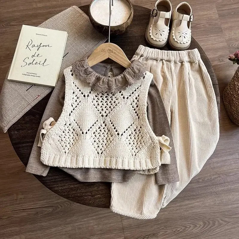 2024 Girls' Autumn 3-Piece Set  Stylish Vest+Dress+Leggings  Trendy Toddler Outfit Soft Cotton Layered Set  Cute Casual Wear