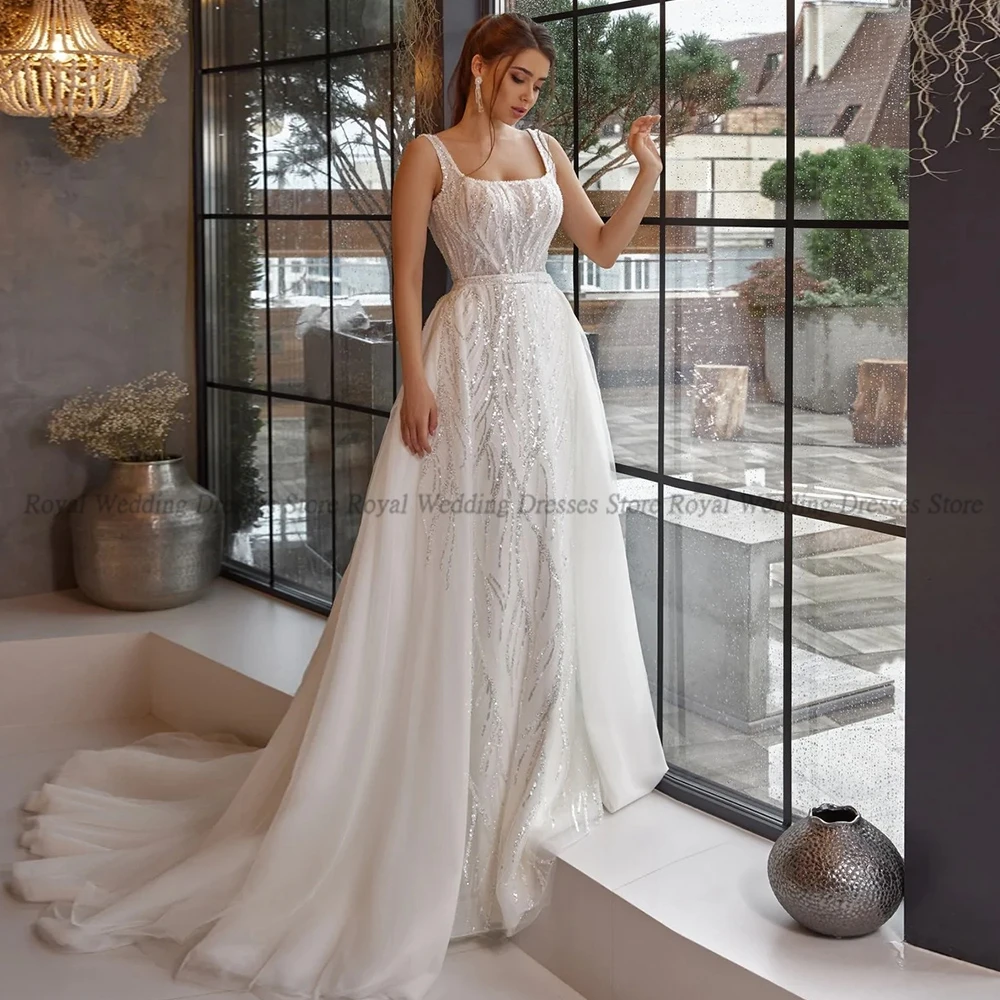 High Quality A Line Wedding Dresses Sleeveless Paillette Square Collar Open Back Applique 2023 Floor Length Luxury  Gowns