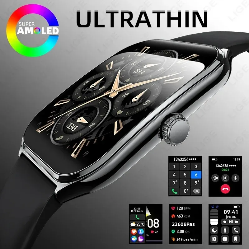 Montre connectée LIGE 2026 ultra-fine pour hommes et femmes, écran AMOLED HD 1,96 pouces, affichage permanent de l'heure, appels Bluetooth, compatible Android et iOS
