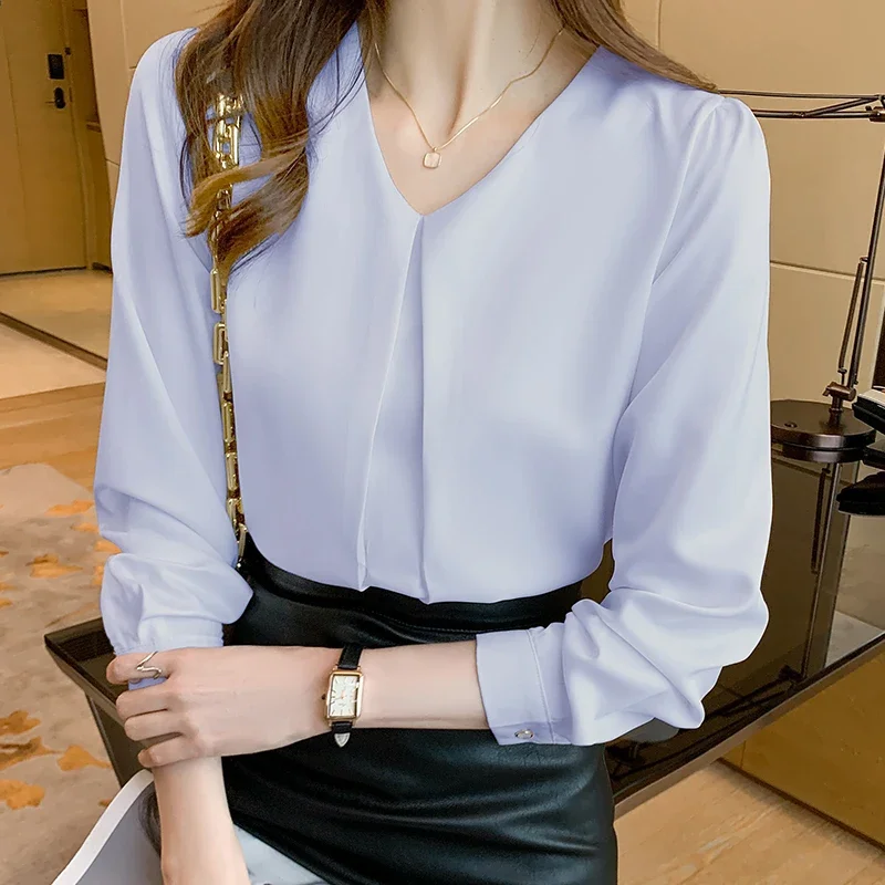 New Fashion Long Sleeve Women Blouse Blusas Mujer De Moda 2024 V-Neck White Chiffon Blouse Shirt Women Tops Blouses Shirts G175