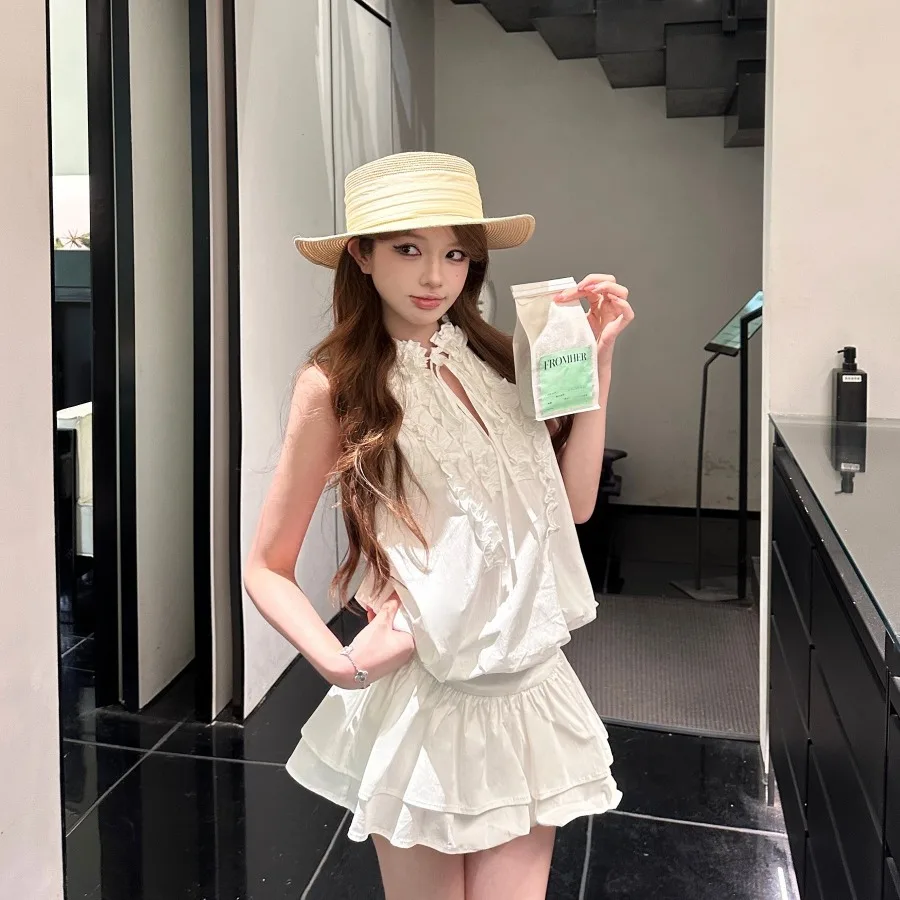 

Summer 2026 Trendy Pleated Wooden Neck Hanging Sleeveless Vest Dress Short Skirt with Bottoming Pants Korean Style Commute