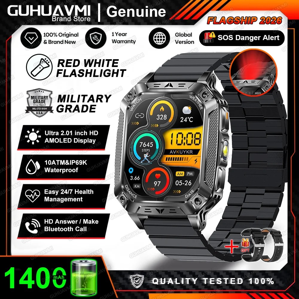 2026 Nieuwe Ingebouwde 1400mAh Supergrote Batterij Heren Smartwatch Outdoor GPS 2.01" AMOLED Scherm 10ATM Waterdicht BT Oproep Smartwatch