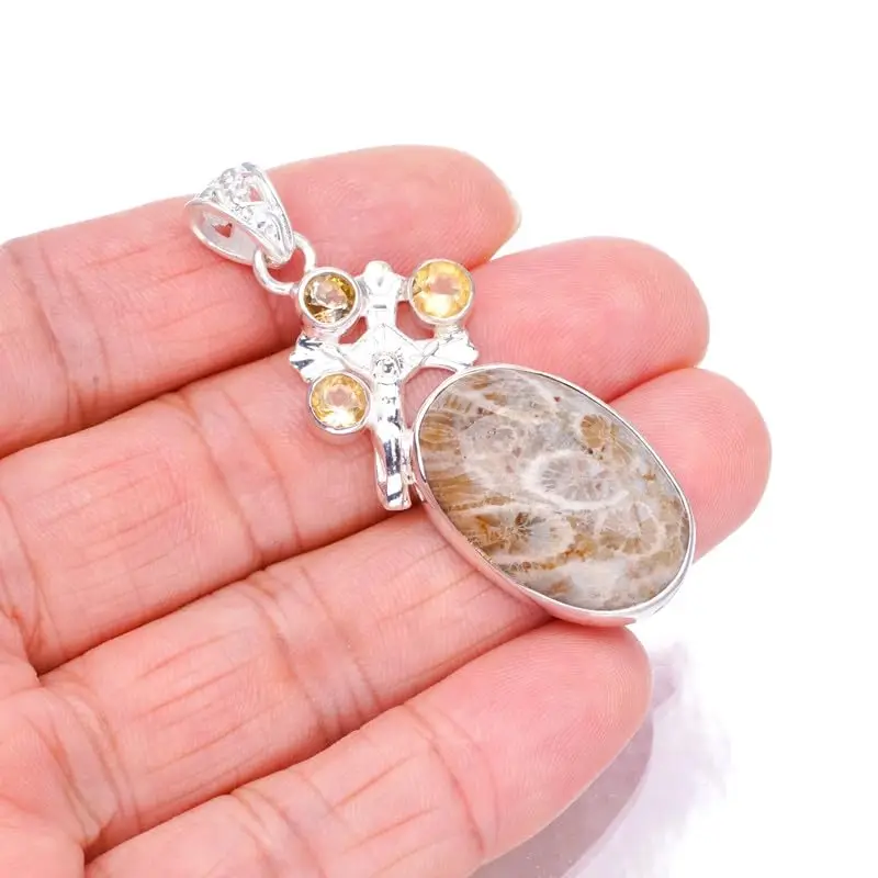 

StarGems Natural Chrysanthemum Jasper&Citrine Handmade 925 Sterling Silver Pendant 2 1/8" F6485