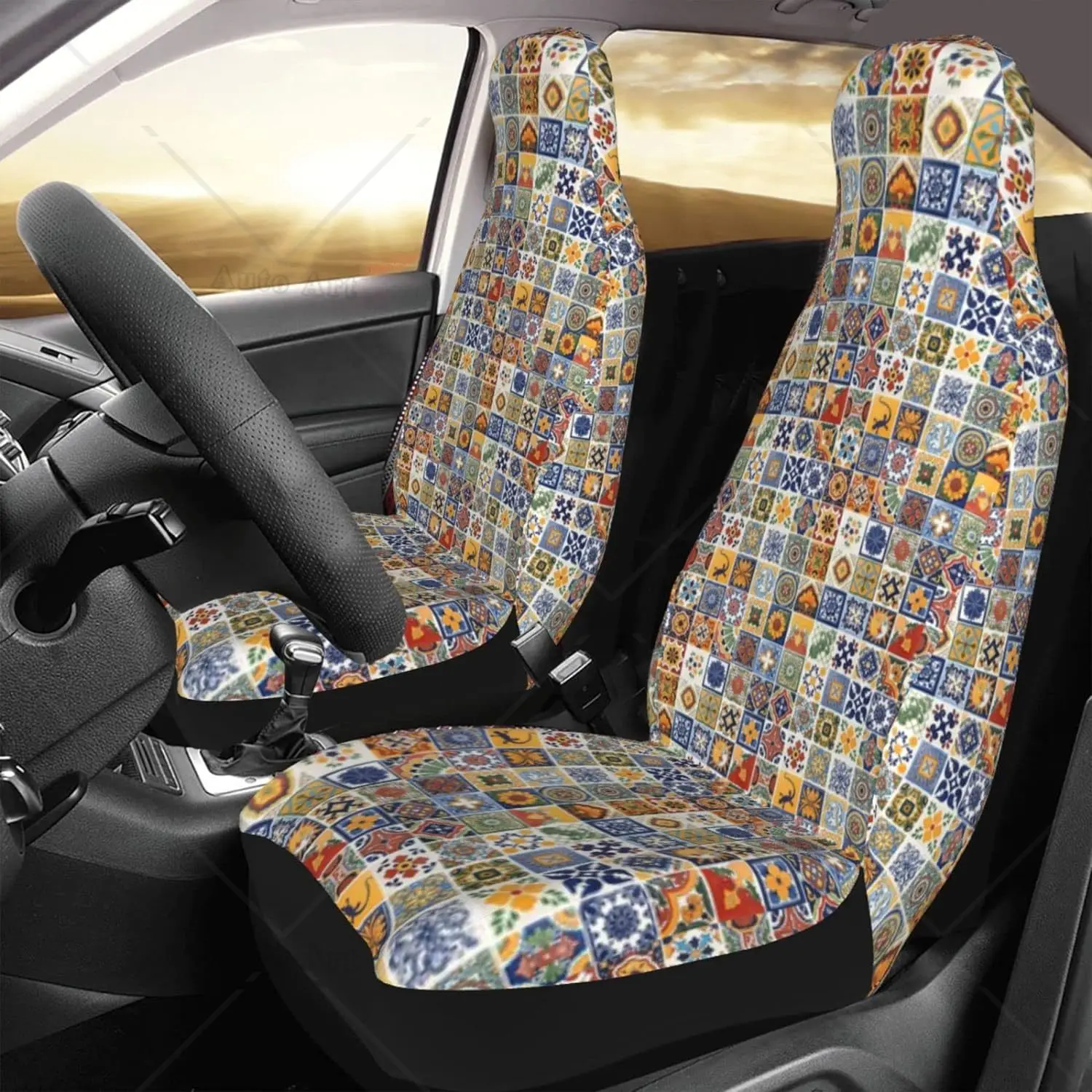 Car Seat Covers Hippie Mexican Tiles Indian Car Front Seat Protectors Car Accessories Set Bucket Cover Universal Car