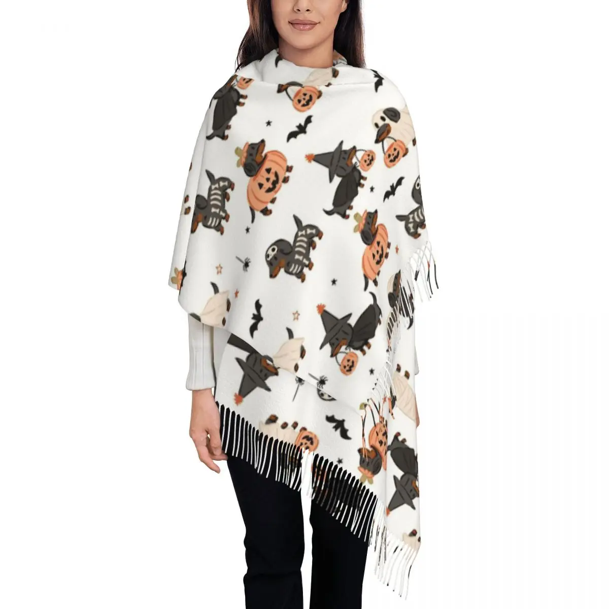 Halloween Dachshund Dog Shawl Wrap Women Warm Single-sided Pattern Scarf Bat Pumpkin Pashmina Shawl Scarves