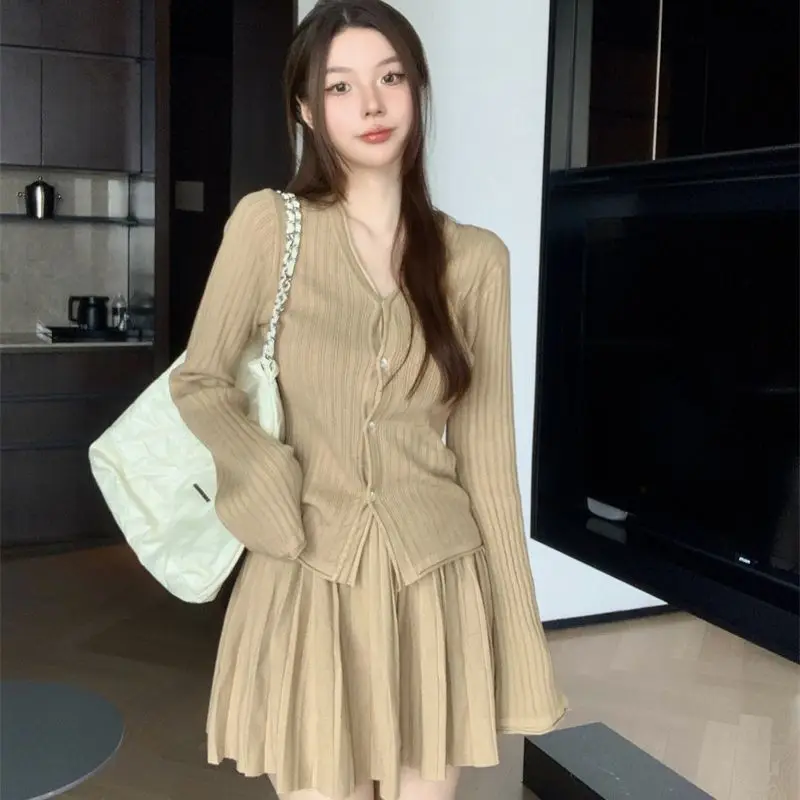 

Hsa 2023 Autumn Elegant Casual Knitted Sweater Sets Women Y2k Crop Tops Cardigan + Mini Skirts 2 Piece Dress Set Boydcon Korean