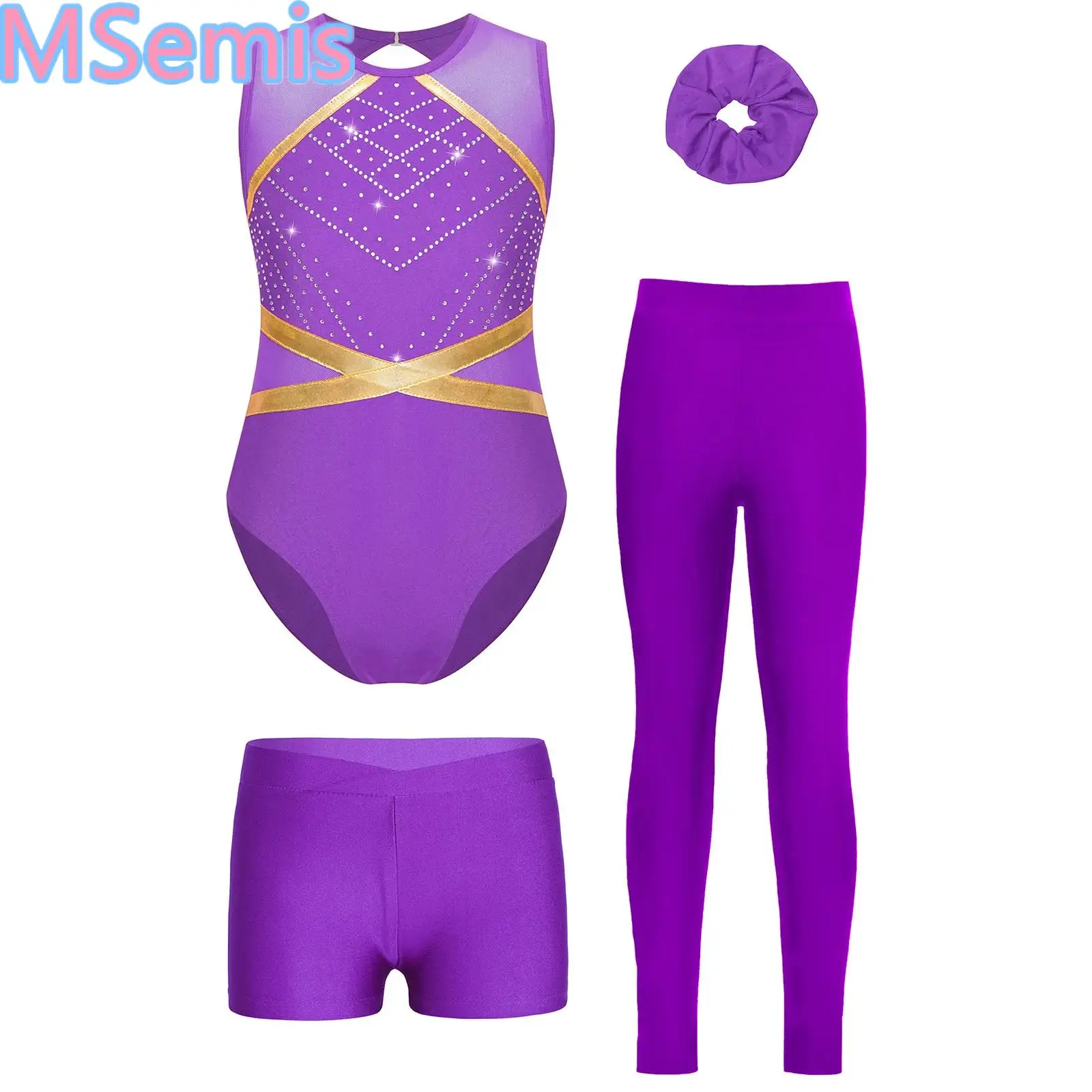

Kids Girls Glittery Dance Sets Patchwork Rhinestones Leotard with V-front Shorts Leggings And Headwear Figure Skating