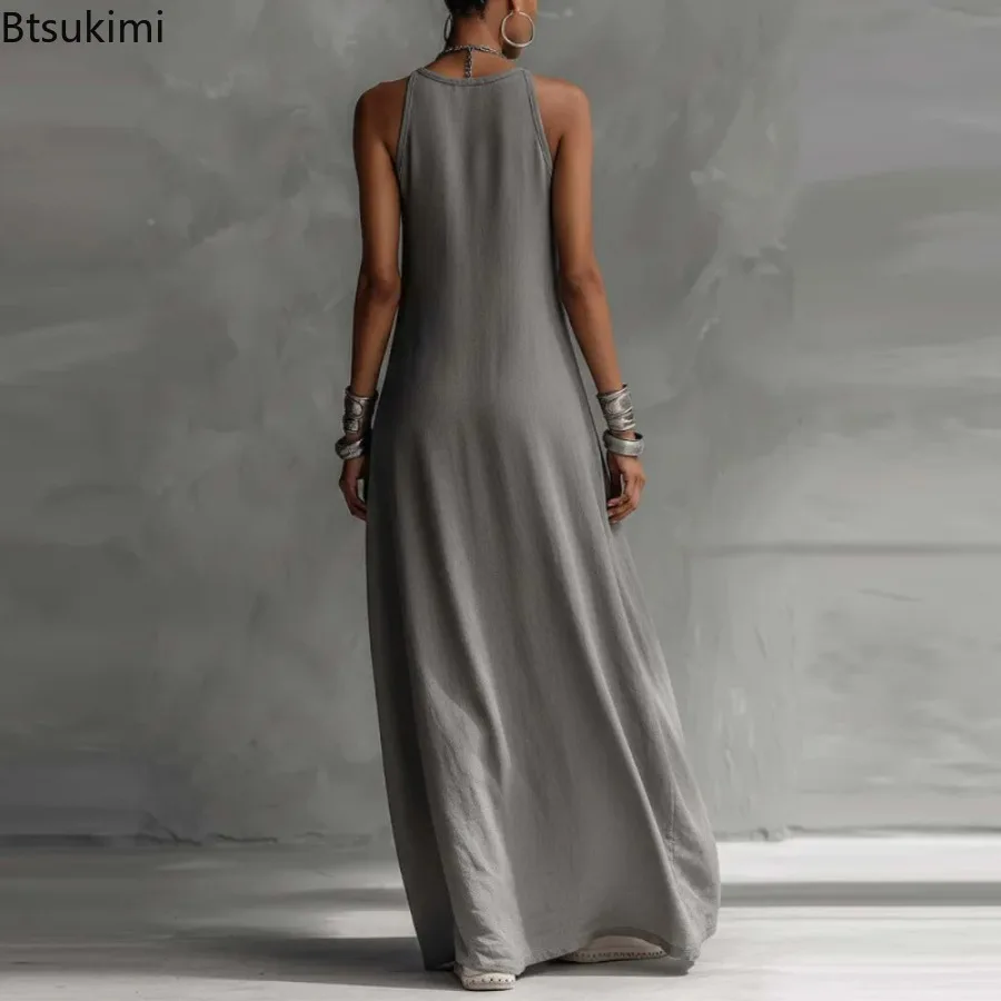 New Arrivals Women's Casual Loose Off Shoulder Long Dress 2026 Summer Fashion Color Blocking Design Sleeveless Dress with Pocket