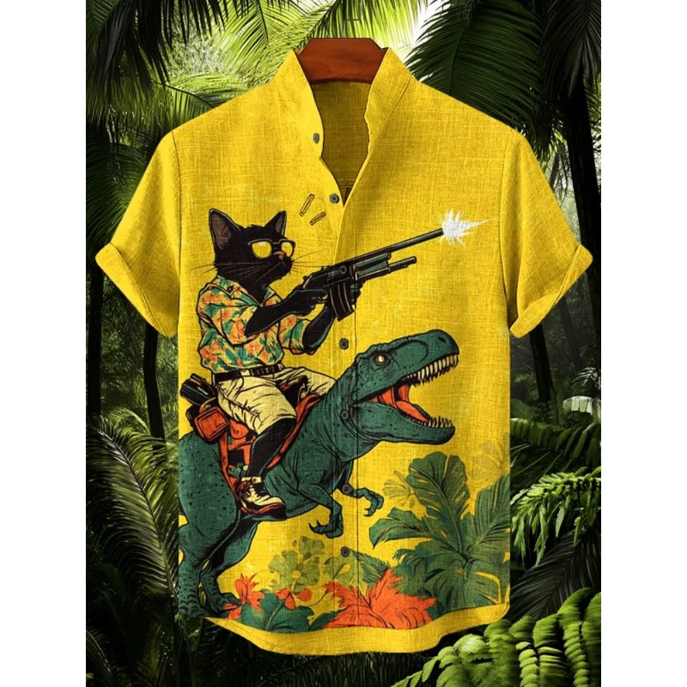 

Men's Funny Laser Dinosaur Cat Print Shirts 3D Holiday Hawaiian Shirt Summer Oversized Women Short Sleeve Casual Beach Shirts