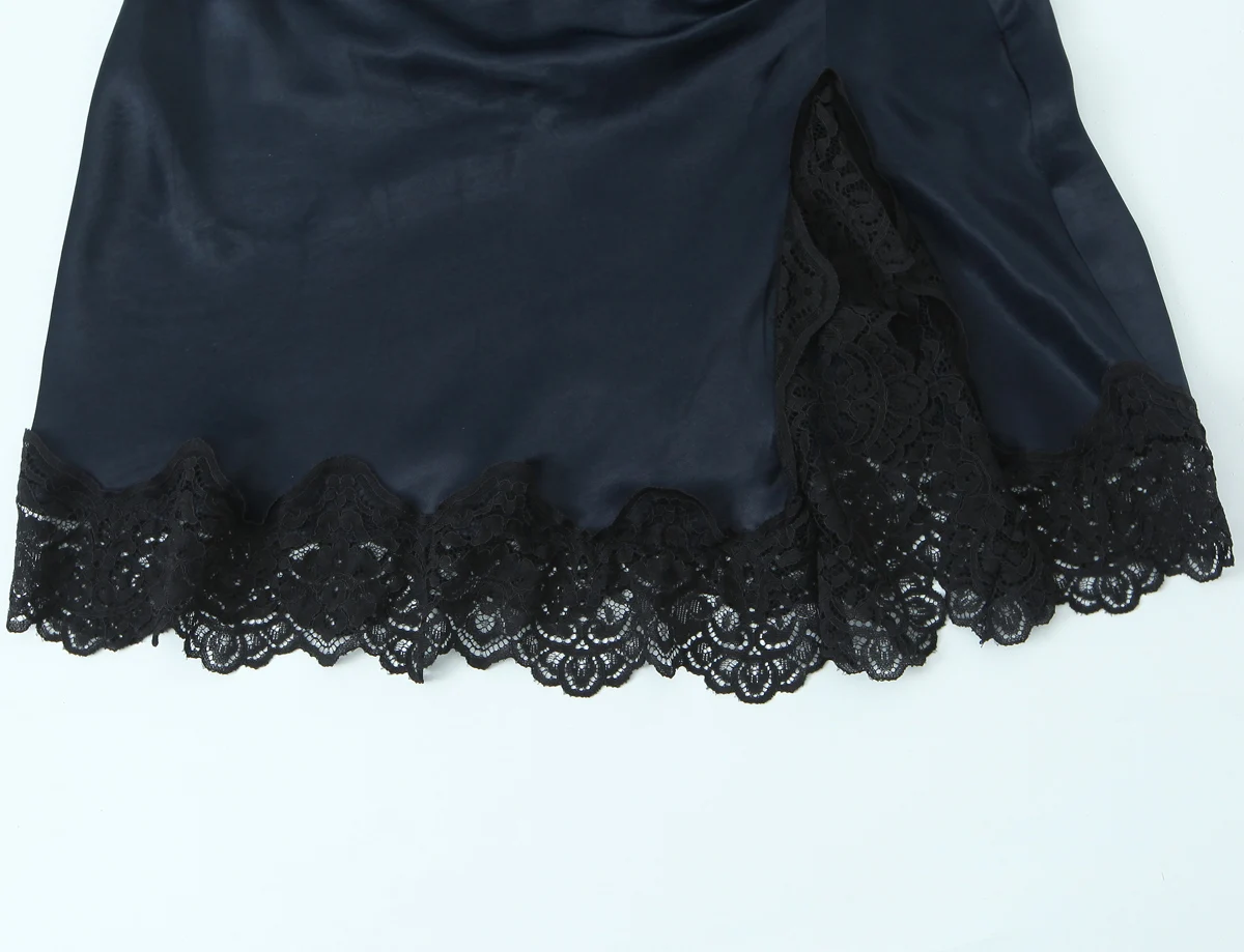 Women Lace Hem Dark Blue Satin Dress Sleeveless Ruched Mini Dresses