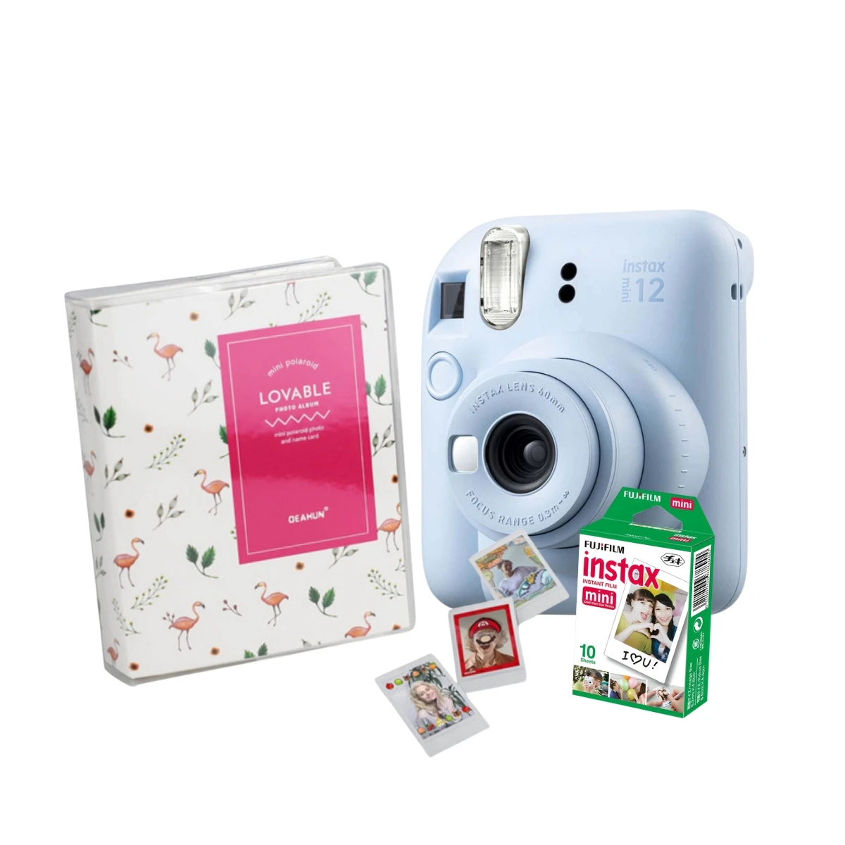 Instax Mini 12 Blue Camera with Flamingos Album for 64 Photos and Movie 10 Poses