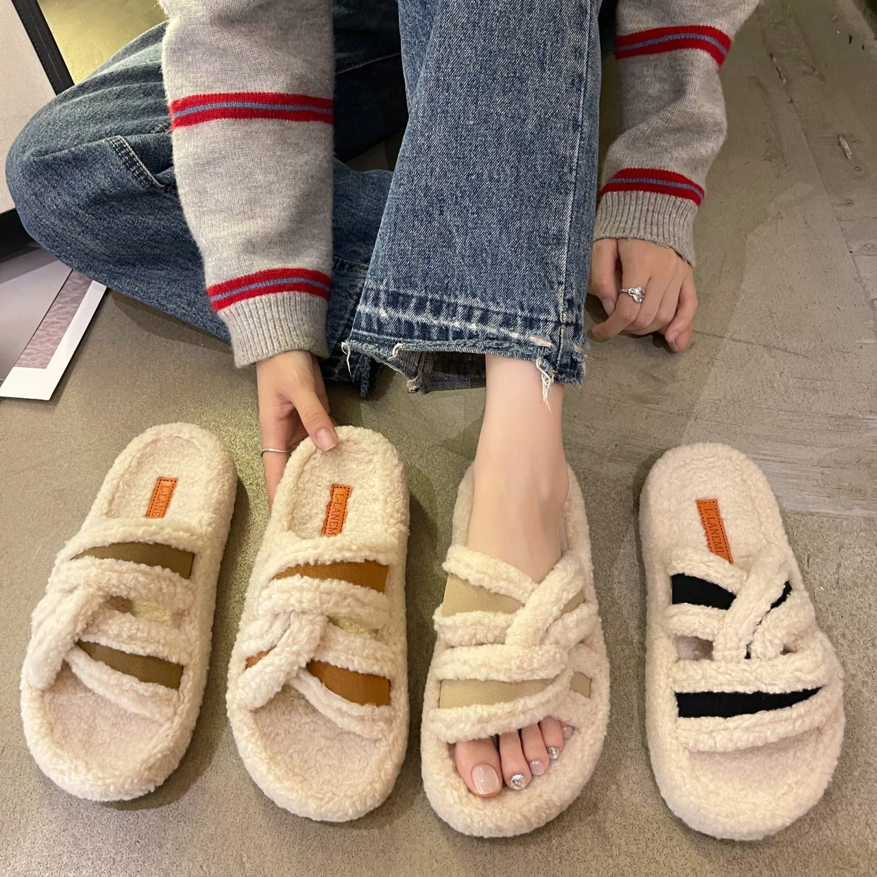 New Women Twist Strap Fuzzy Slide Slippers Open Toe Slip-on Thick Non-slip Sole Warm Plush Cotton House Slippers Indoor Outdoor