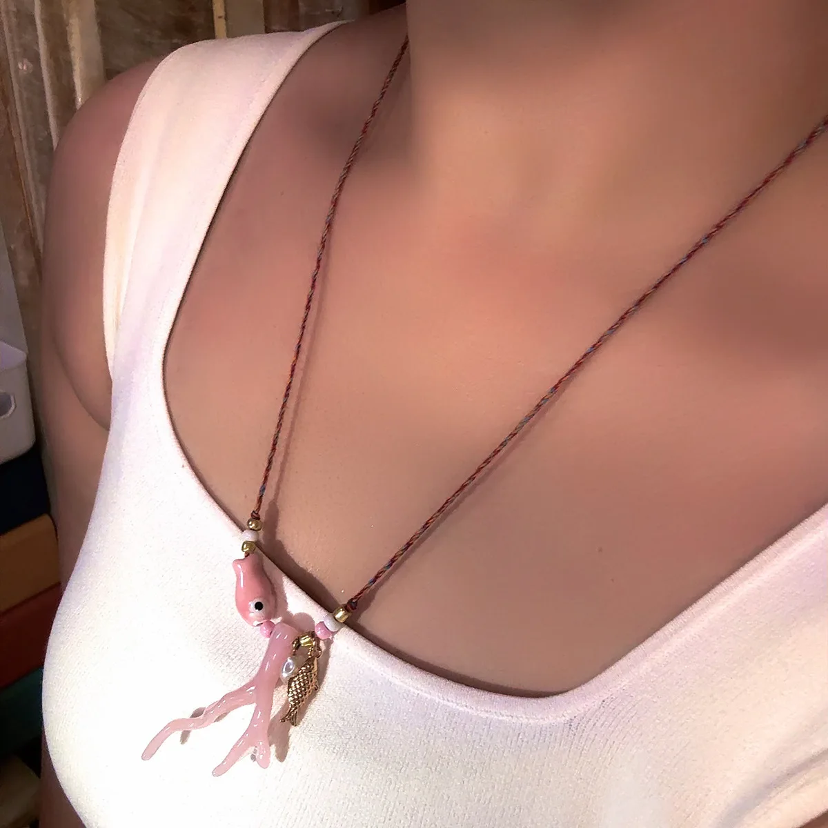 MHS.SUN New Ocean Imitation Coral Glass Fish Pendant Necklace Boho Colorful Braided Rope Adjustable Women Vacation Party Jewelry