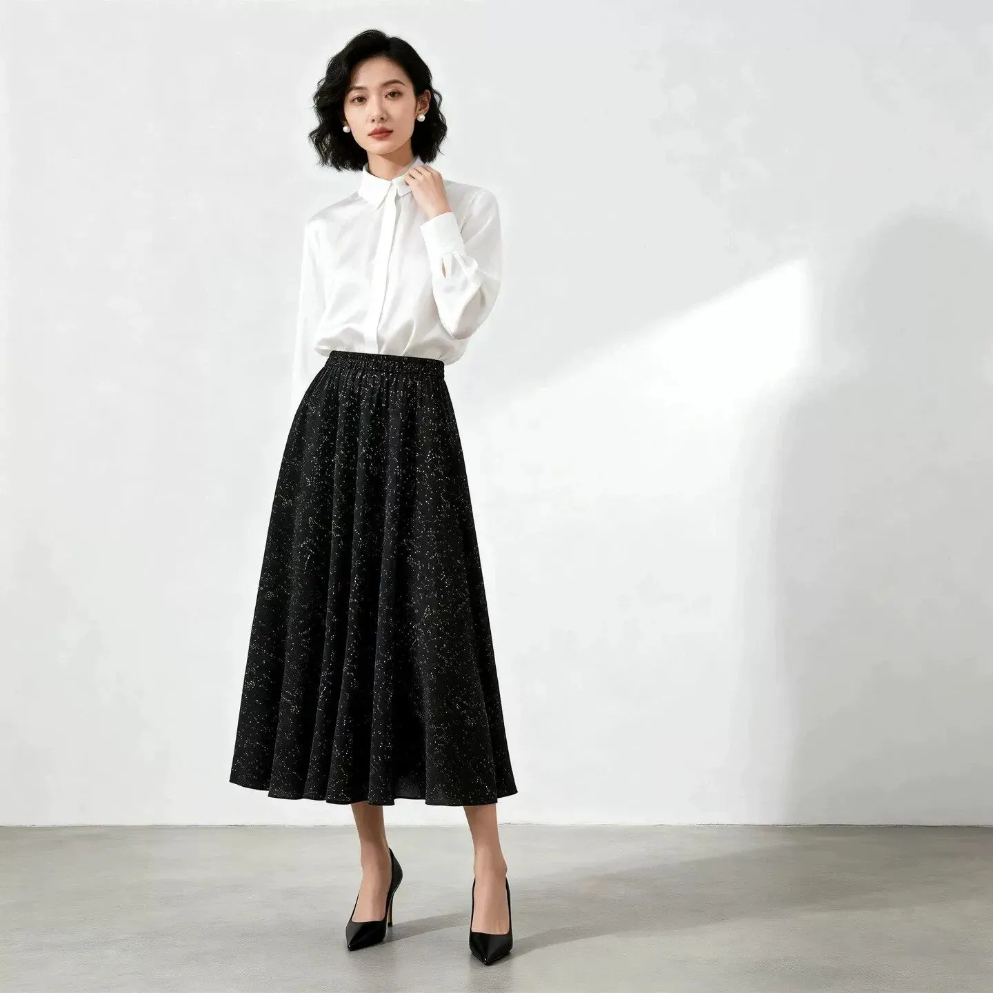 Winsleter-100%Real Silk Double Crepe Elegant Skirts, Elastic Waist Dot, Women Temperament A-line Skirt, 2026 Autumn New B6O837CC