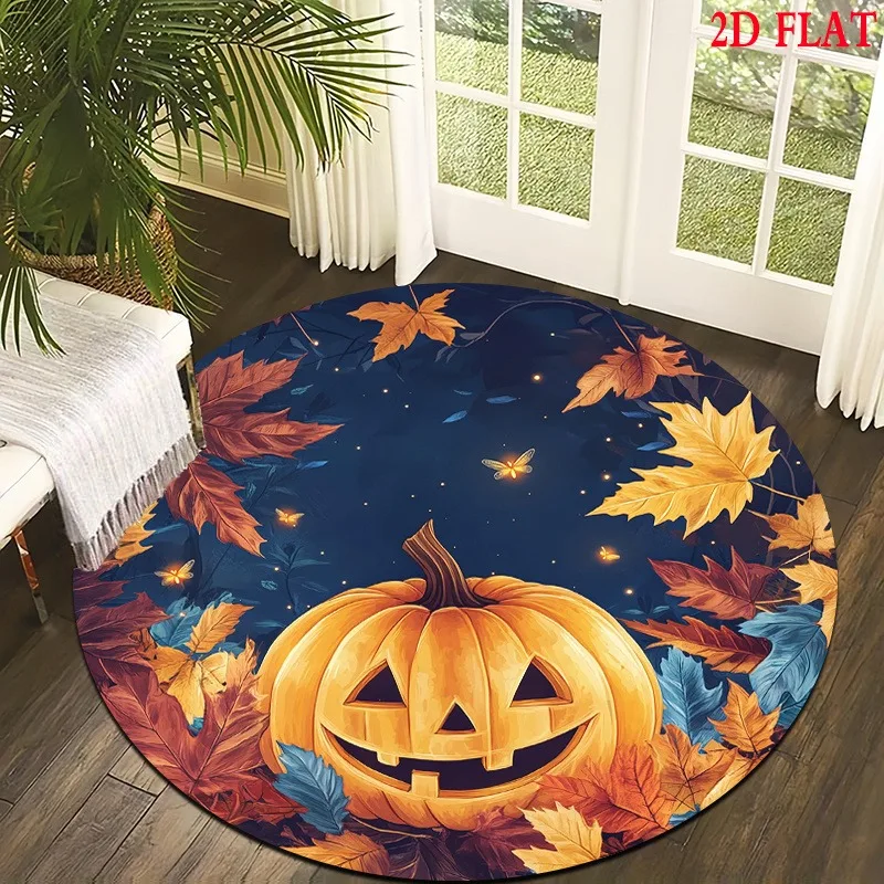 Festive Halloween Night Round Rug Jack‑O‑Lantern Maple Leaf Glowing Firefly Printed Circular Floor Mat for Living Room Bedroom