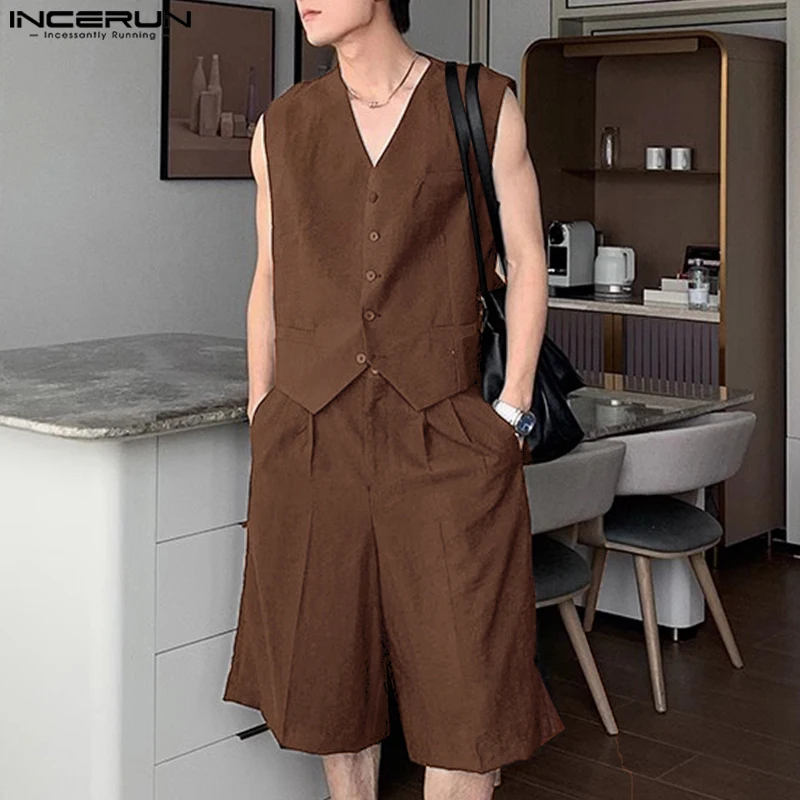 

2025 Men Sets Solid Color V Neck Sleeveless Vests & Shorts Two Pieces Sets Streetwear Loose Fashion Men's Casual Suits INCERUN